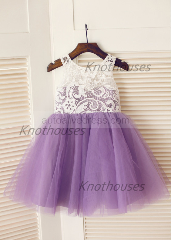 Ivory Lace Purple Tulle Knee Length Flower Girl Dress